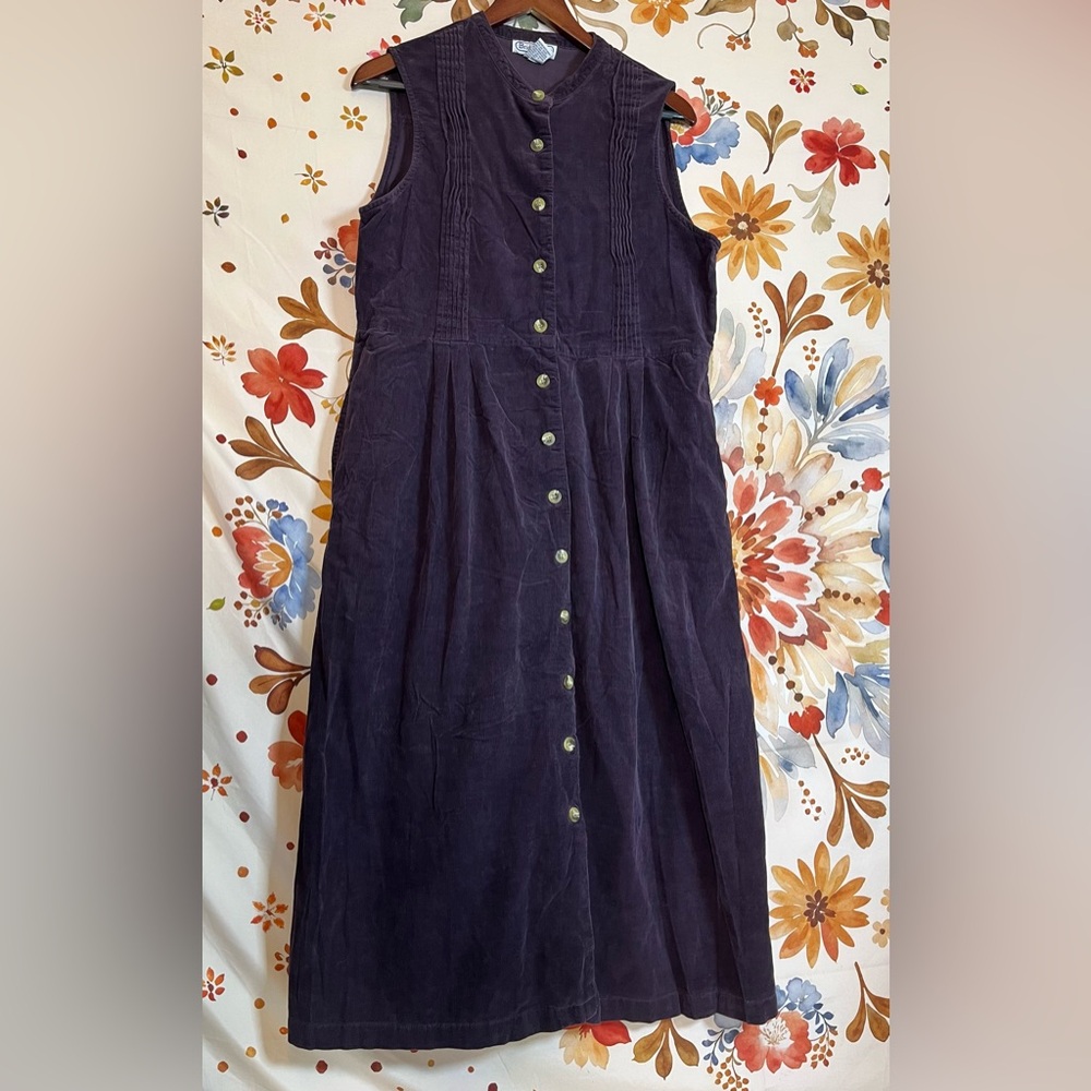 VTG 80s 90s Bridgewater 10P Dark Purple Button Down Corduroy Sleeveless Dress